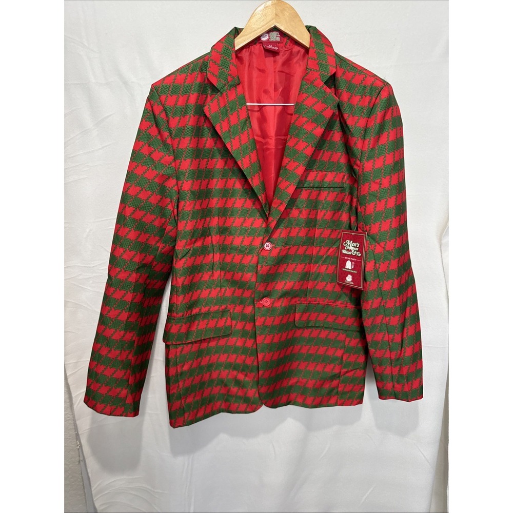 December 25th Red Green Houndstooth Mens Jacket Ugly Christmas Blazer & Tie Sz M